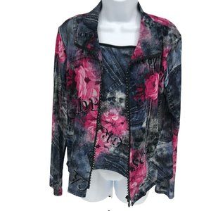 2 Piece Y2K Mesh Floral Denim Set, Size Small